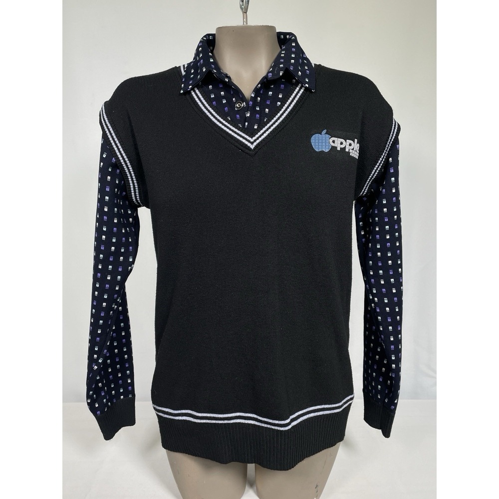 Apple Computers Classic Logo V-Neck Solid Black Wool Sweater Women's MEDIUM